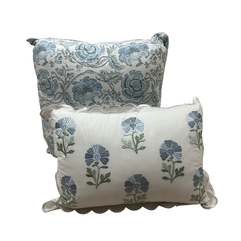 Indigo Home Blue White Floral Embroidered Scalloped Toile Decorative Pillow Set‎